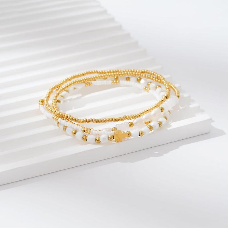 Pymach Store Dainty Gold Plated Pearl Crystal Beaded Bracelets Set for Women 14K Gold Plated Bead Pearl Beads Bracelet Stackable Paperclip Link Chain Bracelets Gold Plated Bracelets for Women Trendy Jewelry - Image 2
